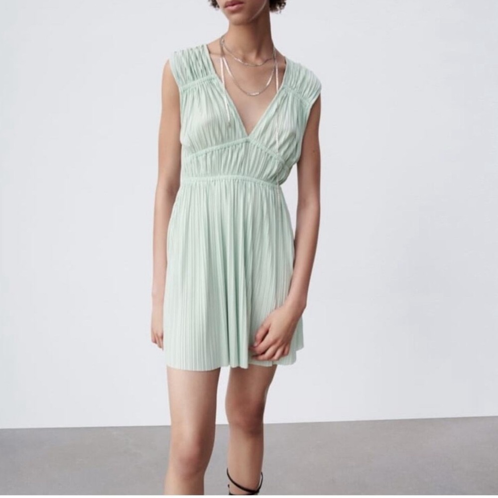 Zara Light Green Pleated Midi Dress